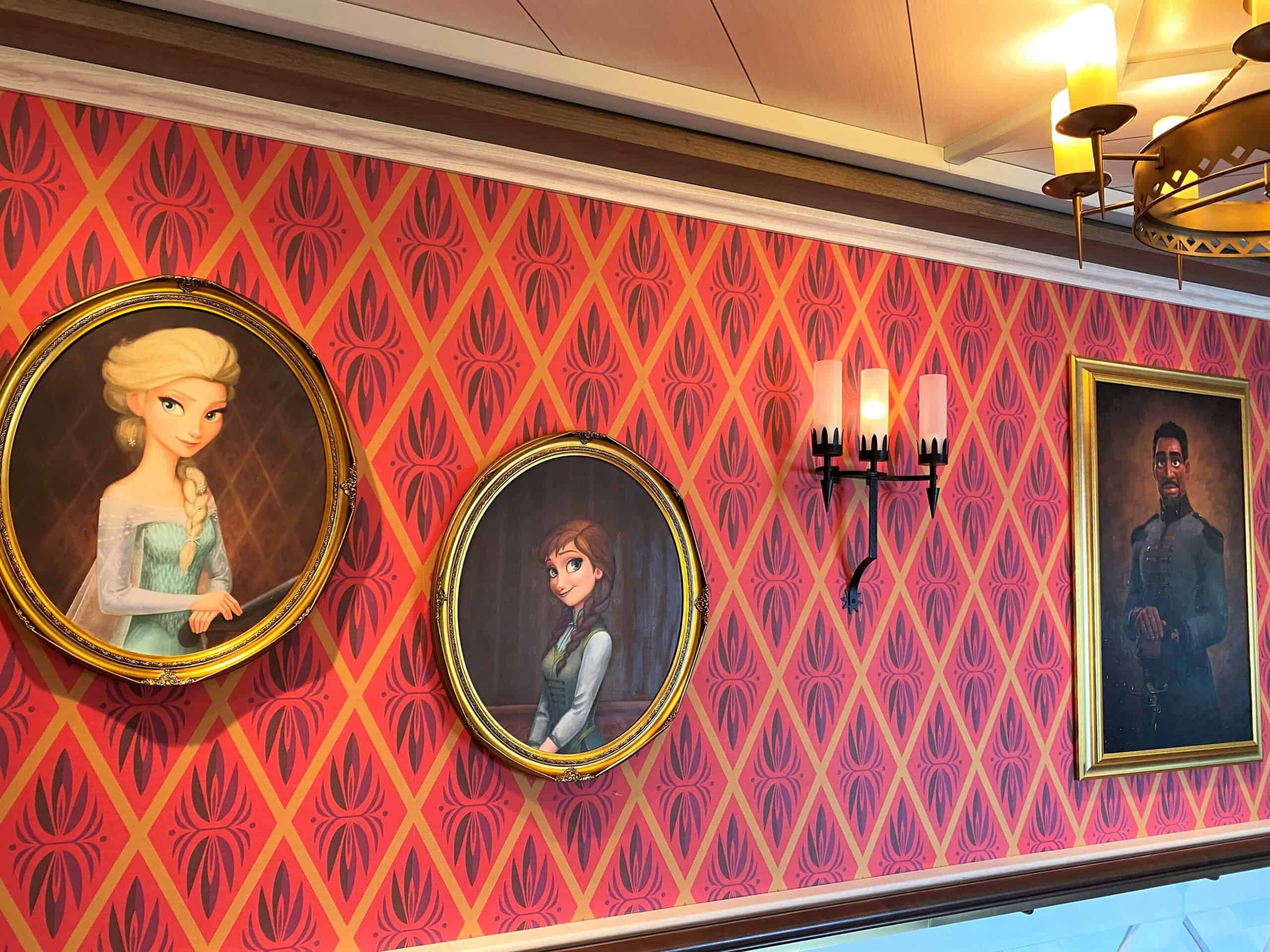 Anna and Elsa Portraits and Decor at Disney Wish Frozen Dining Adventure