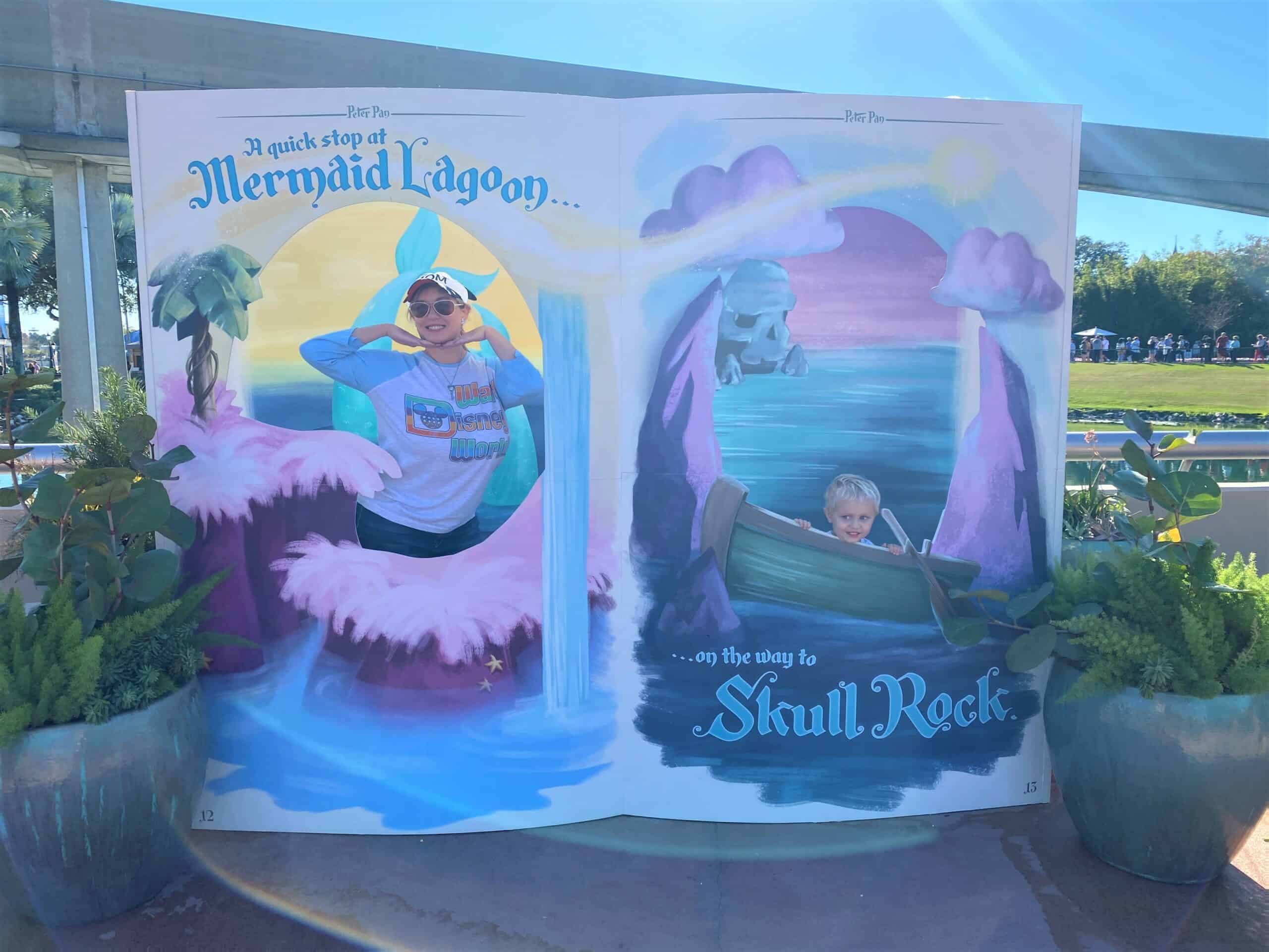 Artistic Photo Opportunities around Epcot's art festival include a Peter Pan storybook frame in which you and someone else in your party can appear to be at Mermaid Lagoon and Skull Rock with pirates.