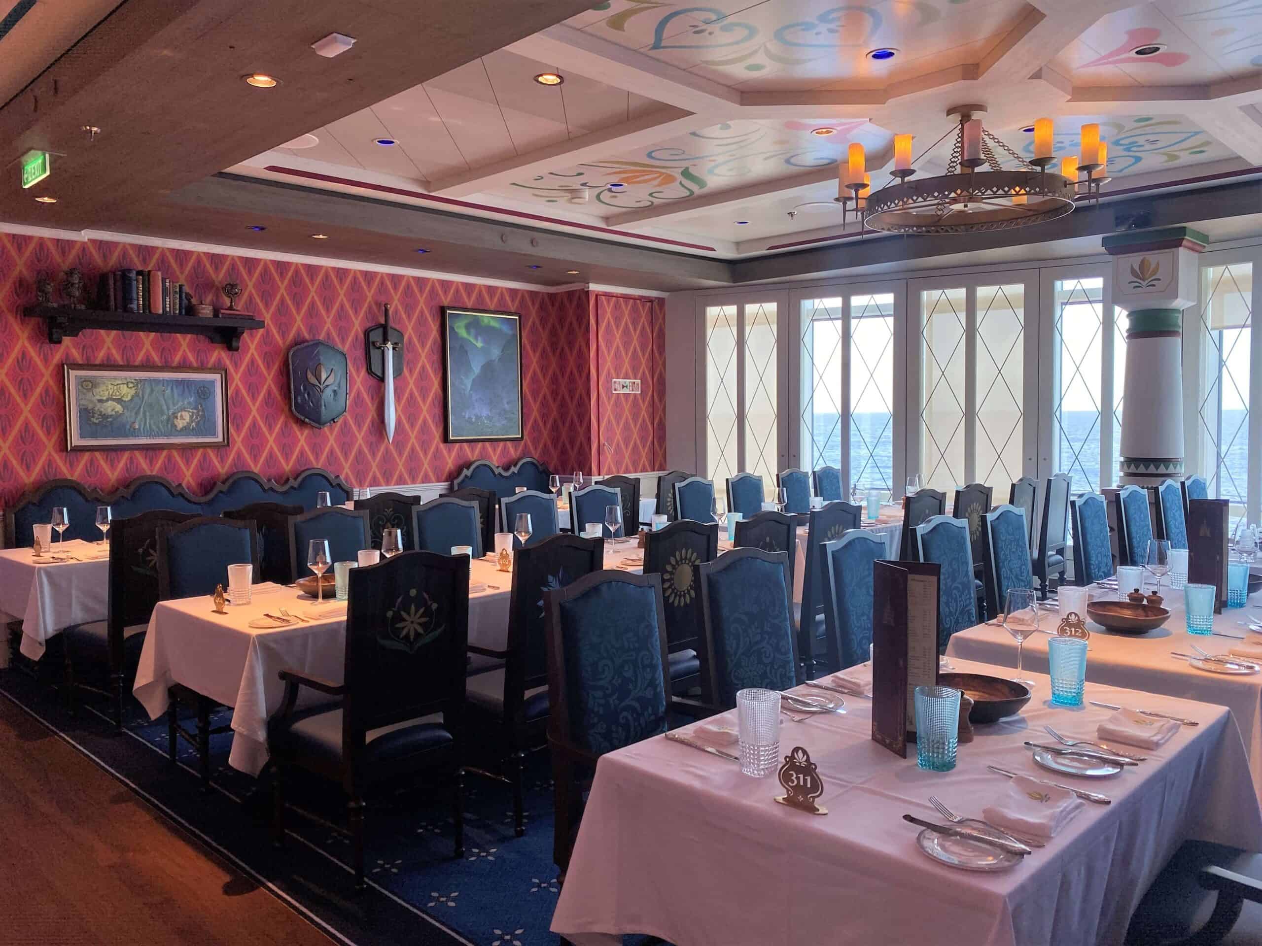 Back of the Dining Room at Disney Wish Frozen Dining Adventure with castle style decorations