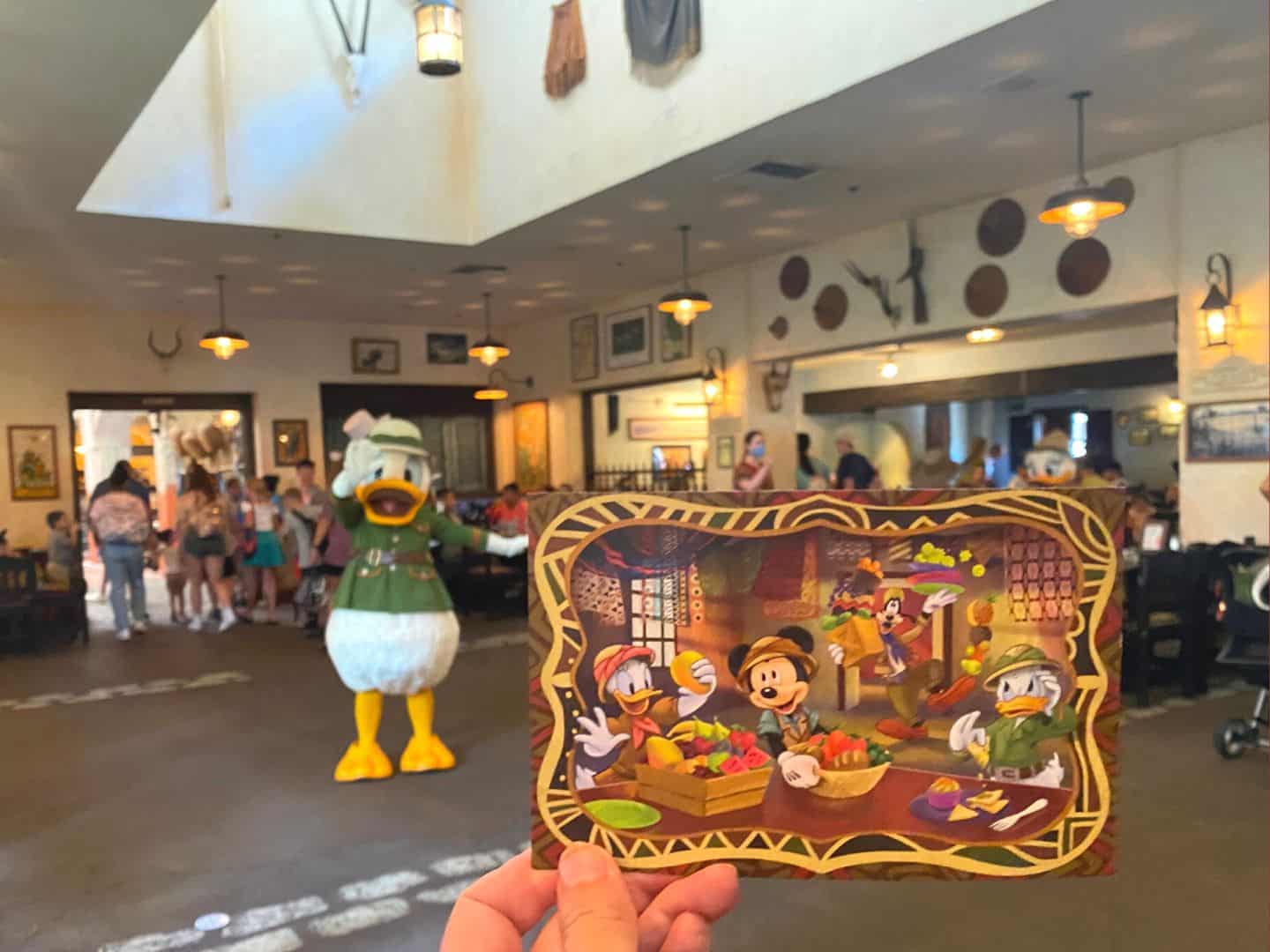 Character Card at Tusker House Restaurant with Daisy, Mickey, Donald, and Goofy illustrated on the front 