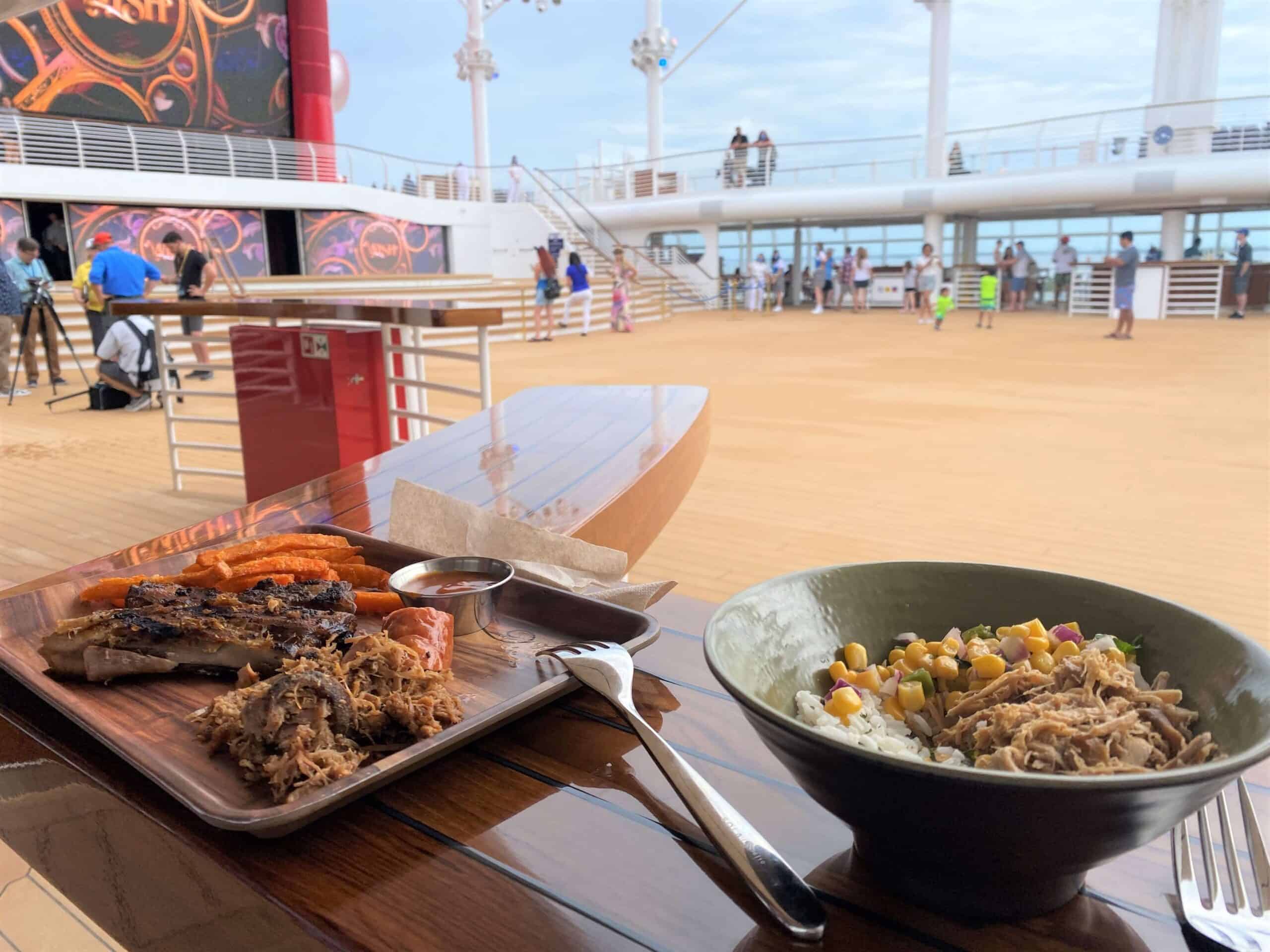 Food from Mickey and Friends Festival of Foods on Disney Wish - including BBQ and Pork rice bowl