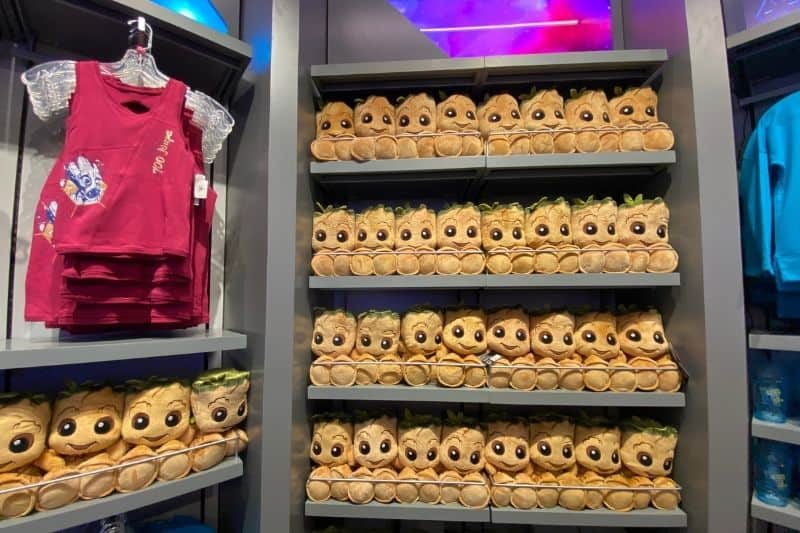 Guardians of the Galaxy merchandise lines the shelves of a gift shop in epcot