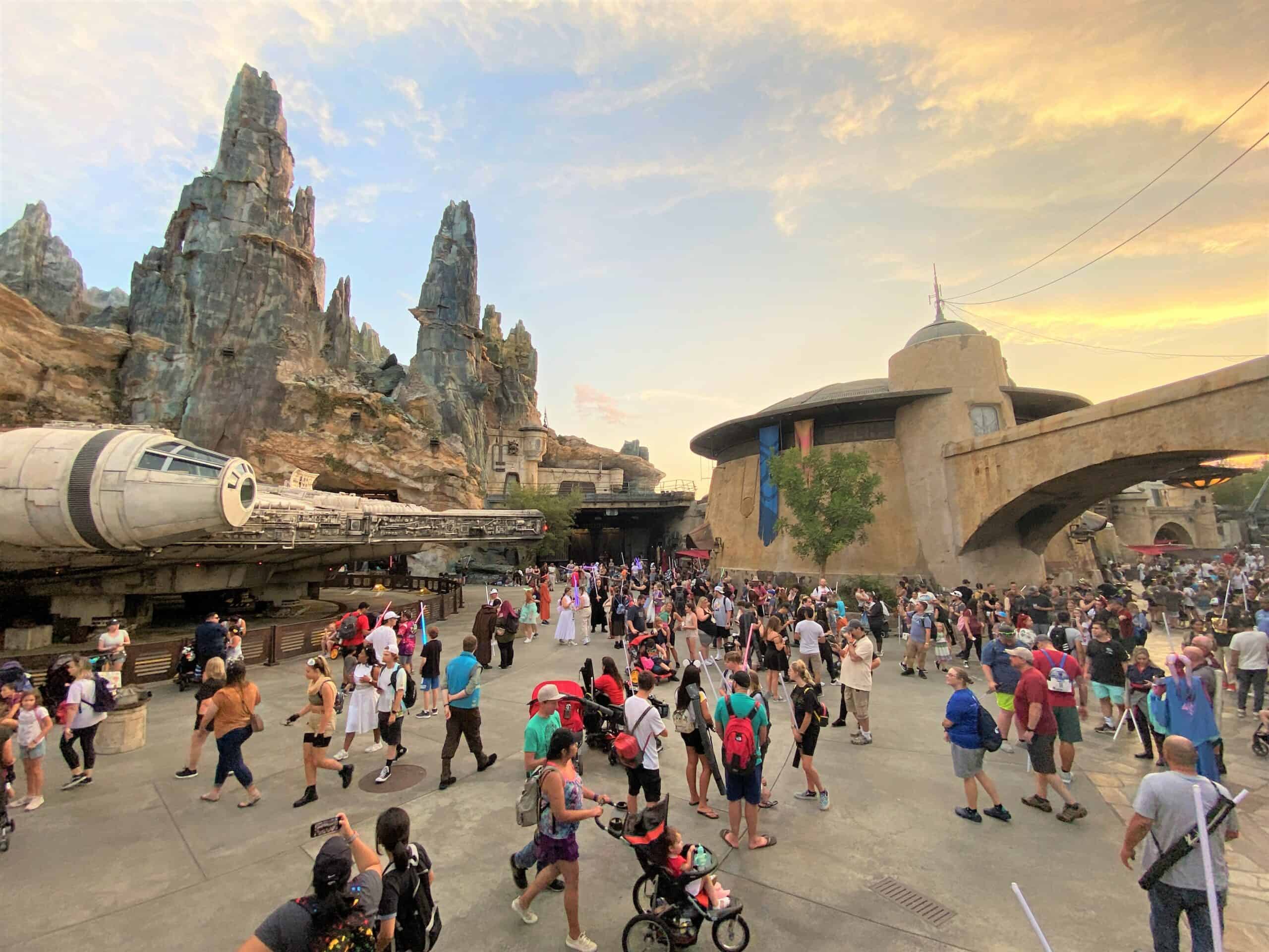 Star Wars Galaxy's Edge on Star Wars Day as fans gather around the Millennium Falcon 