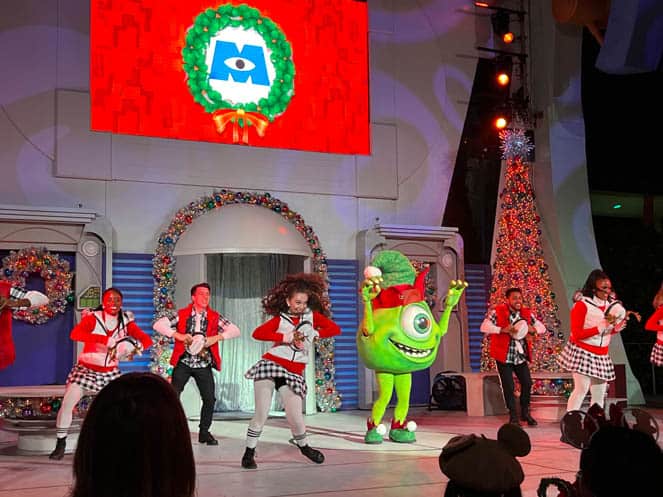 Mike Wazowski dancing during Mickey's Very Merry Christmas Party