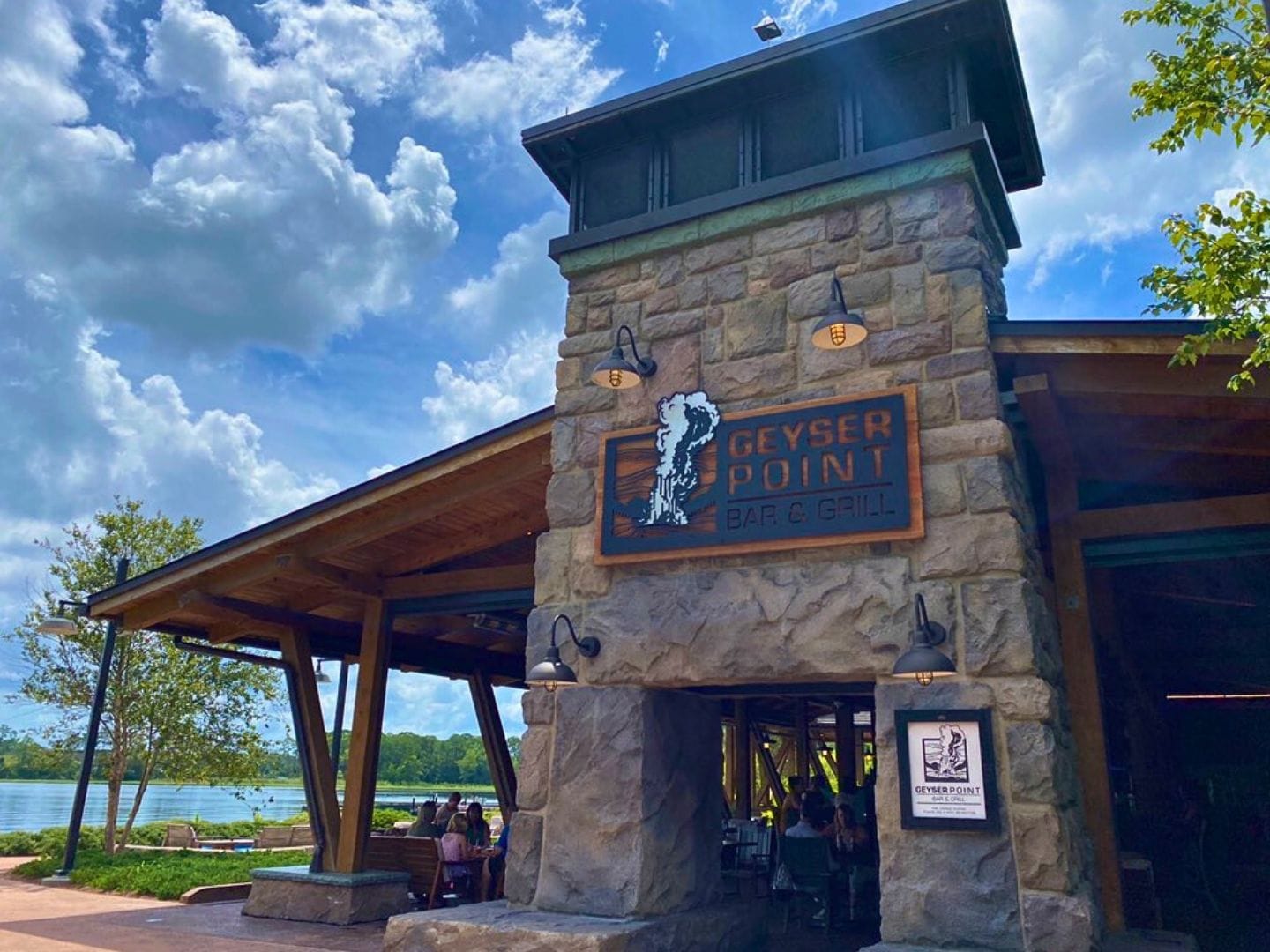 entrance to Geyser Point restaurant at Disney's WIlderness Lodge, outdoor restaurant along the lake