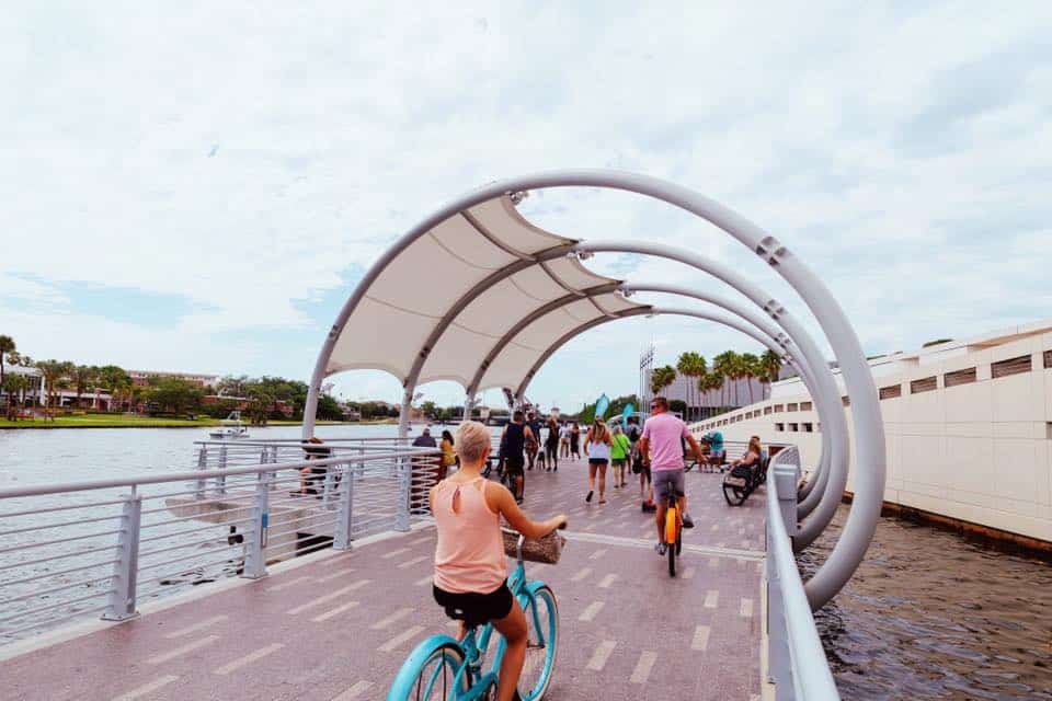 Biking on the Tampa Riverwalk. 