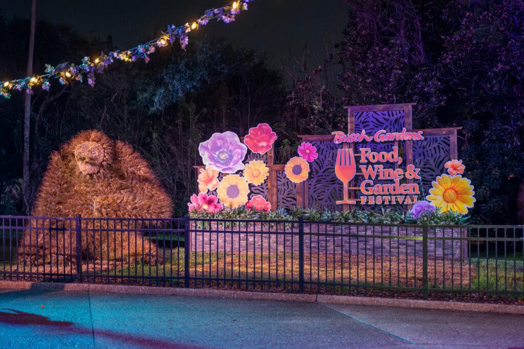 Busch Gardens Food Wine and Garden Festival topiary and sign