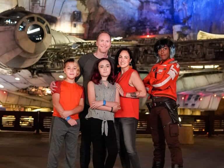 Delilah Dawson and family at Star Wars Galaxy's Edge at Hollywood Studios in Orlando.