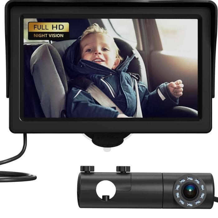 a child in the back seat of a car, as seen through the Grownsy Baby Car Monitor