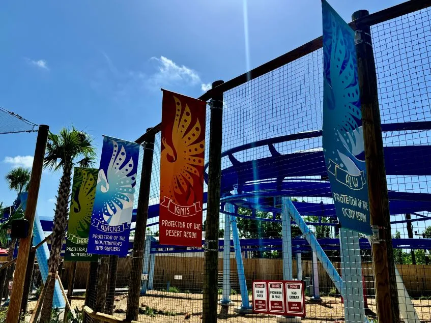 The entrance of the ride showcases brightly colored artifacts and items that give the illusion and hints of the mythical phoenixes that travelers have gathered over the years.