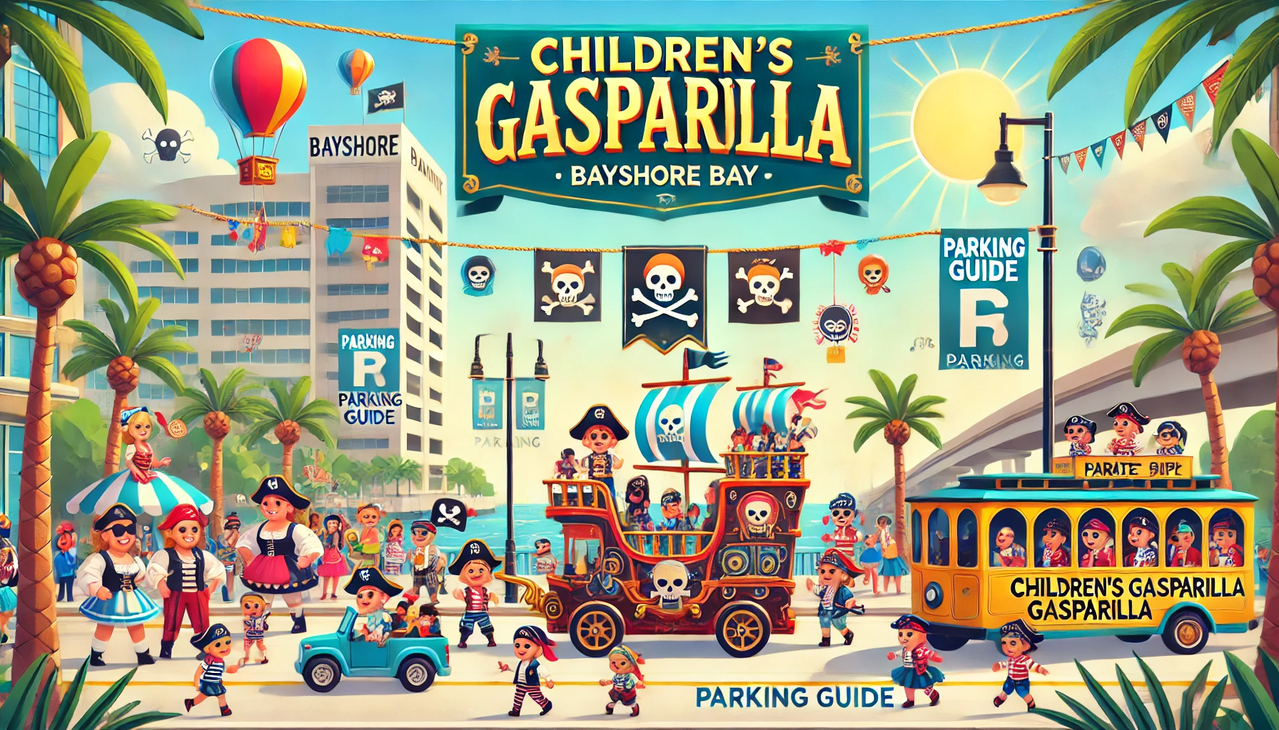 A colorful and family-friendly graphic promoting the Children's Gasparilla event in Tampa Bay. The design features kids in pirate costumes, vibrant floats, a pirate ship float, parents enjoying the parade, and banners that read 'Children's Gasparilla' and 'Parking Guide.'