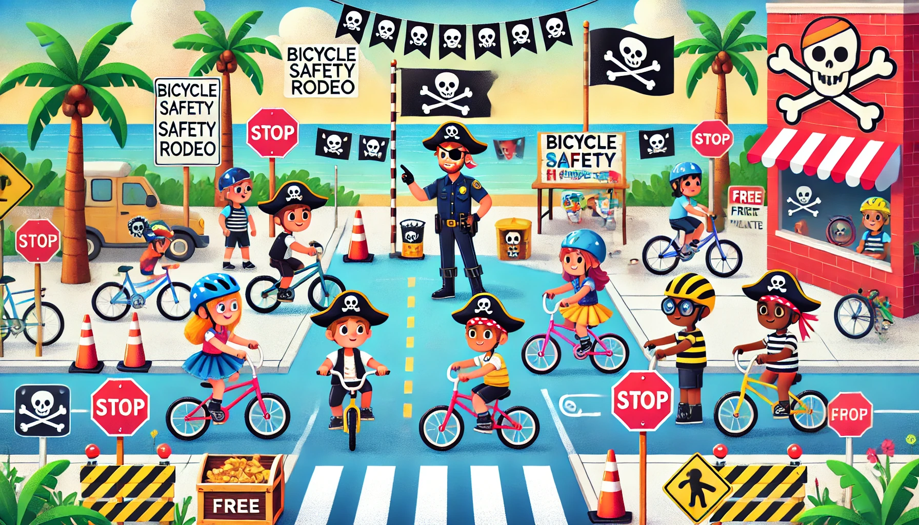 A colorful and engaging illustration of a Bicycle Safety Rodeo with a pirate theme, featuring kids dressed as pirates riding bicycles through a safety course with traffic cones, stop signs, and crosswalks. A Tampa police officer dressed as a pirate guides children, with pirate flags, treasure chests, and palm trees adding playful elements.