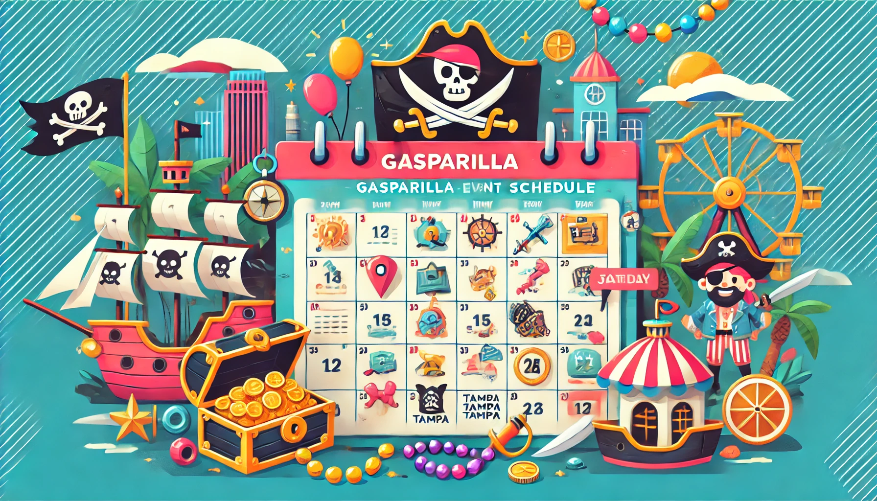 A colorful 16:9 illustration for the Children's Gasparilla schedule, featuring a playful pirate theme with a treasure map, pirate ship, chest of gold coins, and a marked calendar. Cheerful icons like beads, swords, and pirate hats are scattered around, set against a vibrant Tampa skyline.