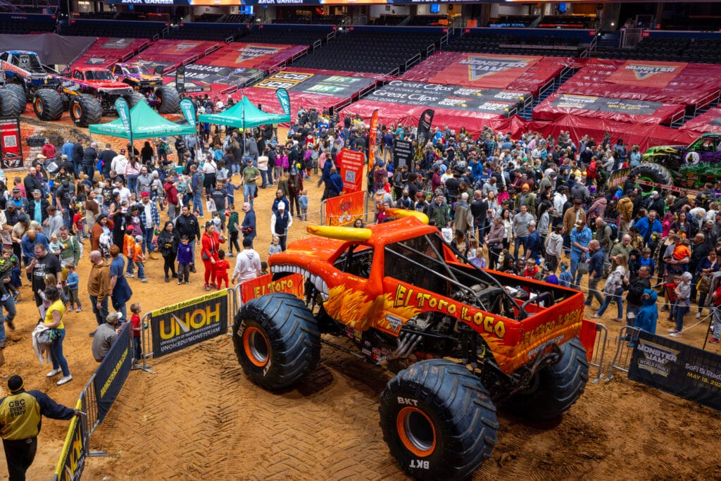 Monster Jam truck in arena for Pit Party.
