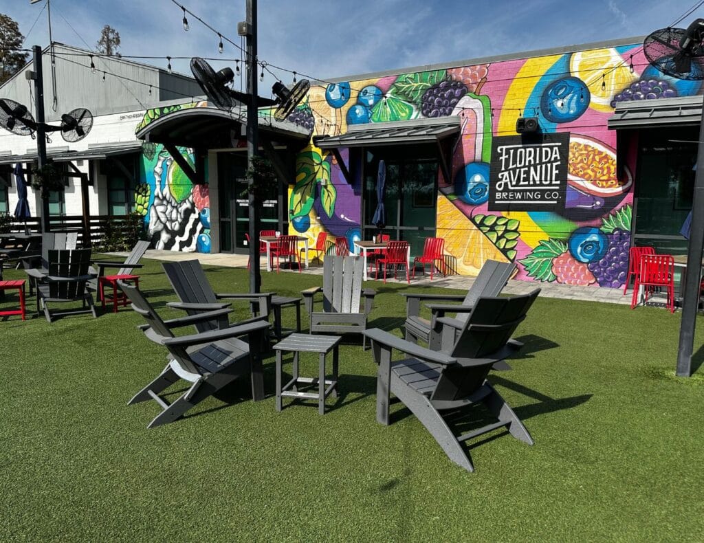 Florida Avenue Brewing Co. features table seating, picnic chairs and lounge furnature.