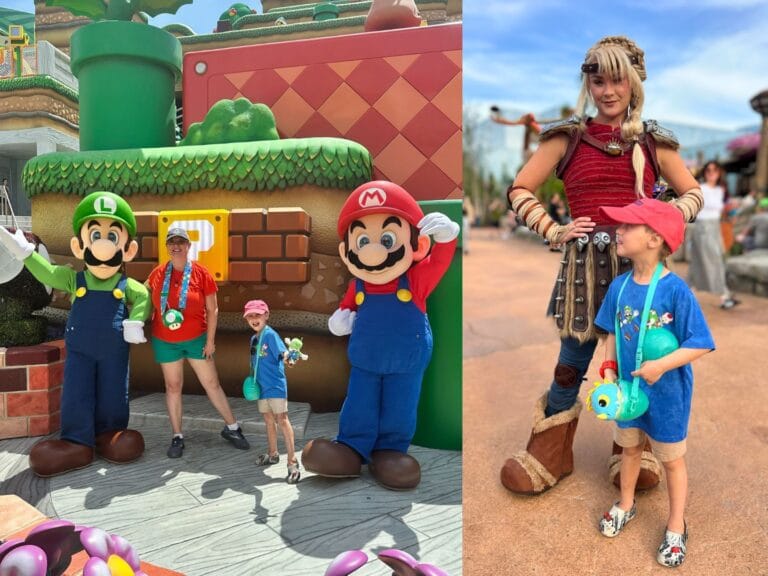 Meet Characters at Epic Universe collage of two photos with Luigi and Mario meet and greet at Astrid from how to train your dragon epic universe - image by Dani Meyering