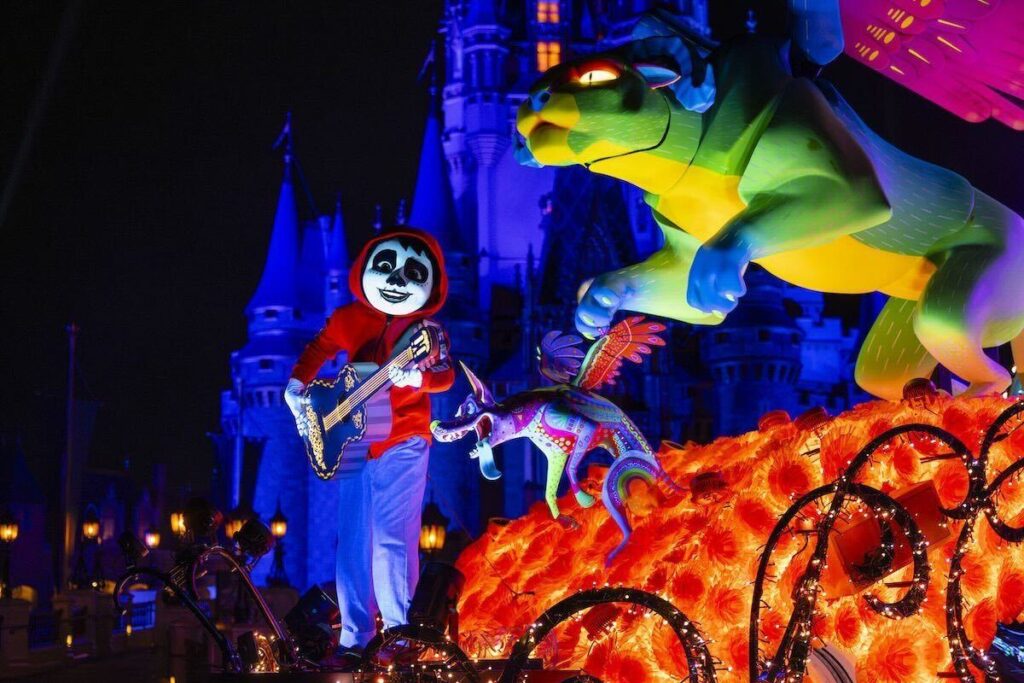 Coco characters photography by Steven Diaz, Kenslie McGuire, Omark Reyes, and Matt Stroshane of Disney Starlight nighttime parade at Magic Kingdom