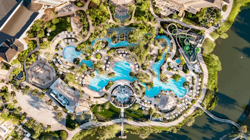 Grande Lakes Orlando Pool Waterslides and Lazy River overhead