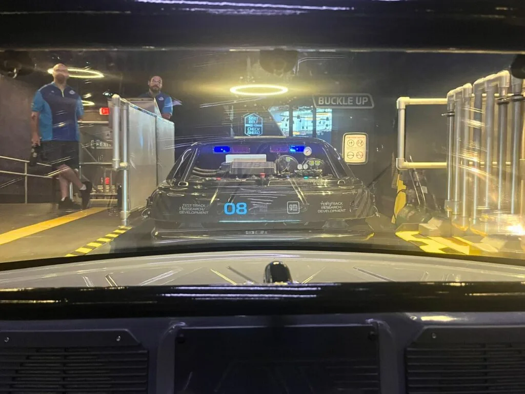 New Test Track Ride Vehicle about to depart loading area
