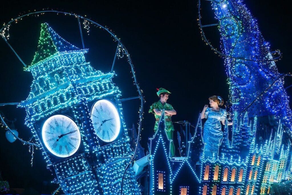 Peter Pan characters photography by Steven Diaz, Kenslie McGuire, Omark Reyes, and Matt Stroshane of Disney Starlight nighttime parade at Magic Kingdom
