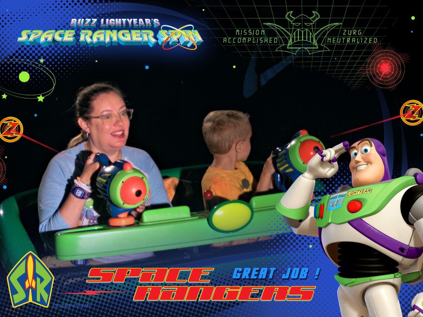 Buzz Lightyear's Space Ranger Spin mother and son on ride photo - image from Dani Meyering