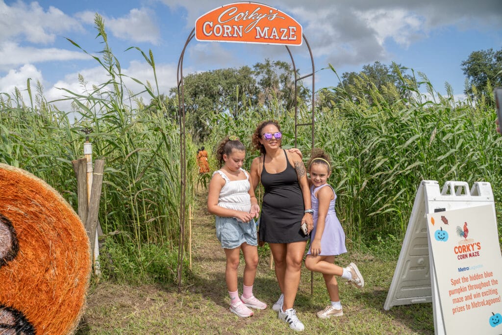 Keel Farms Harvest Days Corky's Corn Maze girls at entrance