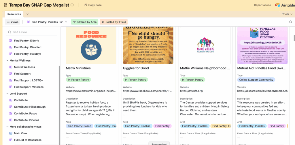 Screenshot of SNAP Gap Megalist website
