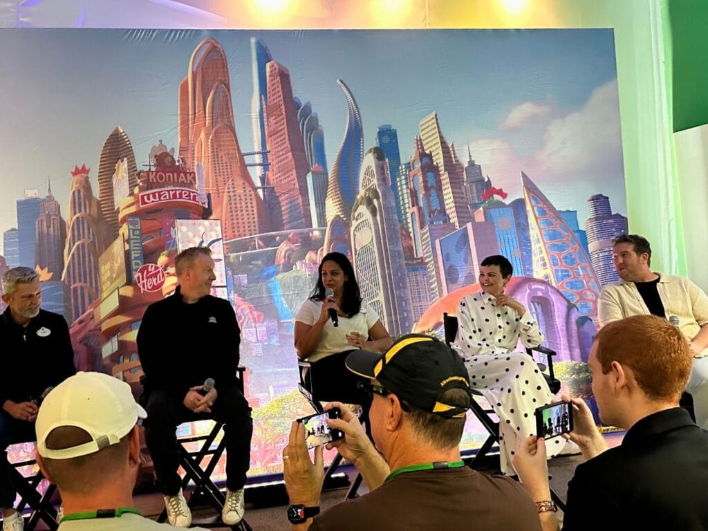 Jared Bush and Disney Imagineers and Ginnifer Goodwin and Nate Torrence talk to press about Zootopia Better Zoogether at Animal Kingdom - image by Dani Meyering