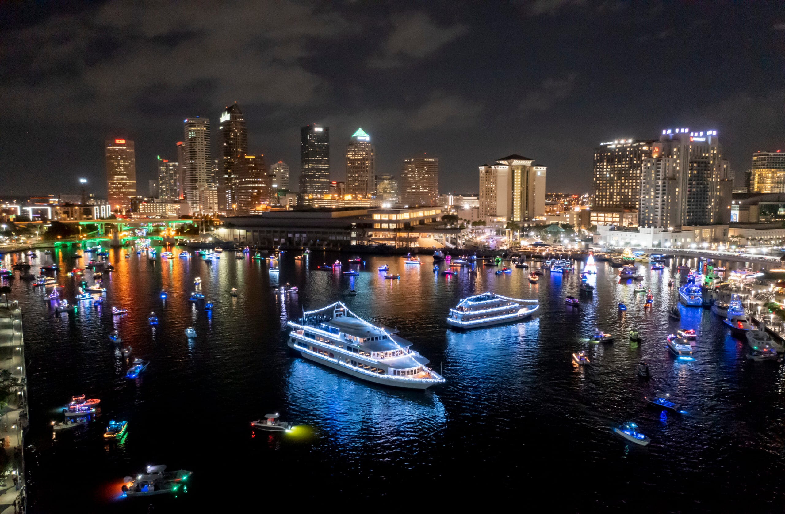 Aerial view of the Tampa Lighted Holiday Boat Parade