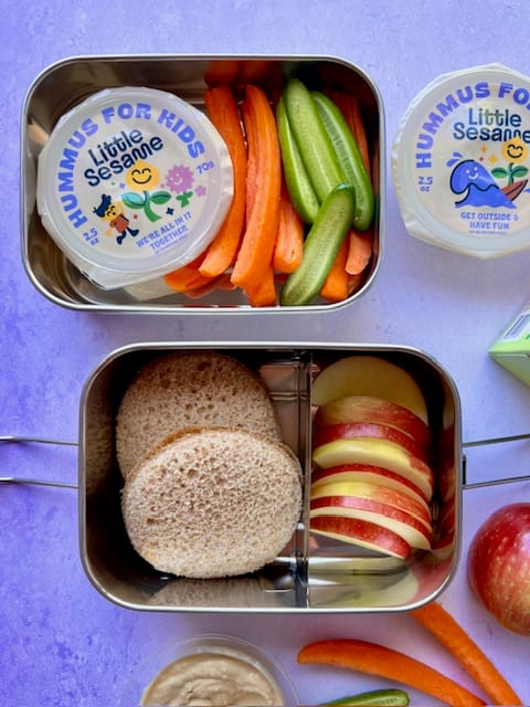 Smart Snacks with cucumber, carrots, peanut butter and jelly and apple slices