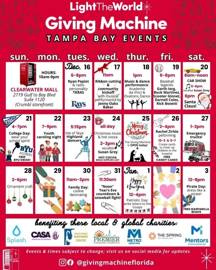 Light The World's Giving Machine Event Calendar is full of fun activities nearly every day!