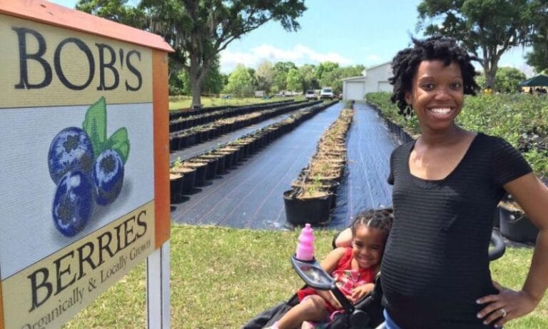 A mother and her child standing in front of a blueberry field for blueberry season at Bob's Berries