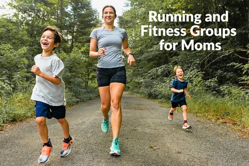 Mom running with her kids along a trail