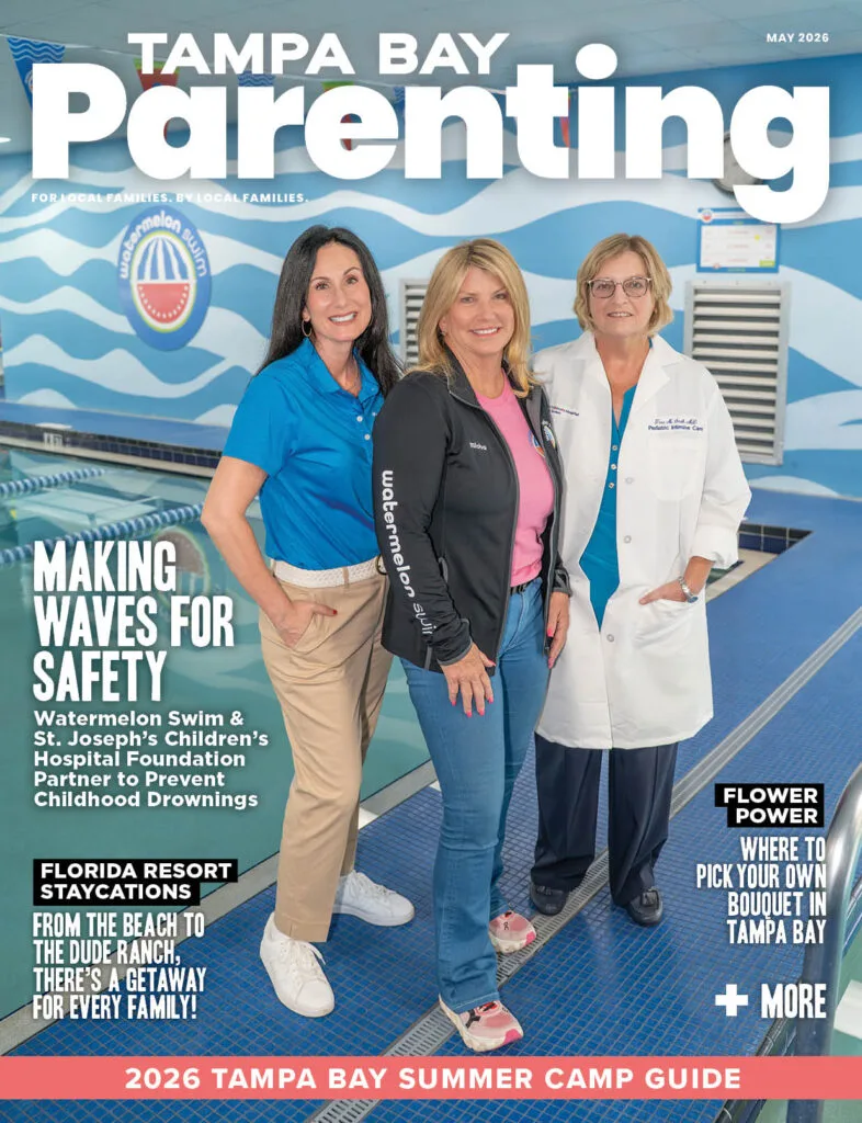 The cover of the May 2026 Issue of Tampa Bay Parenting featuring Watermelon Swim and St. Joseph's Children's Hospital