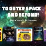 A galaxy background with book covers about astronomy