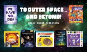 A galaxy background with book covers about astronomy