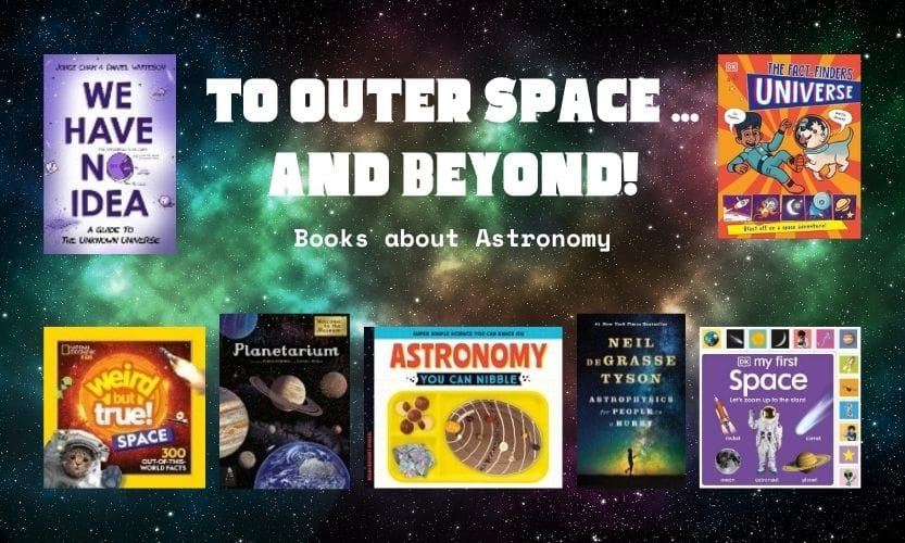 A galaxy background with book covers about astronomy