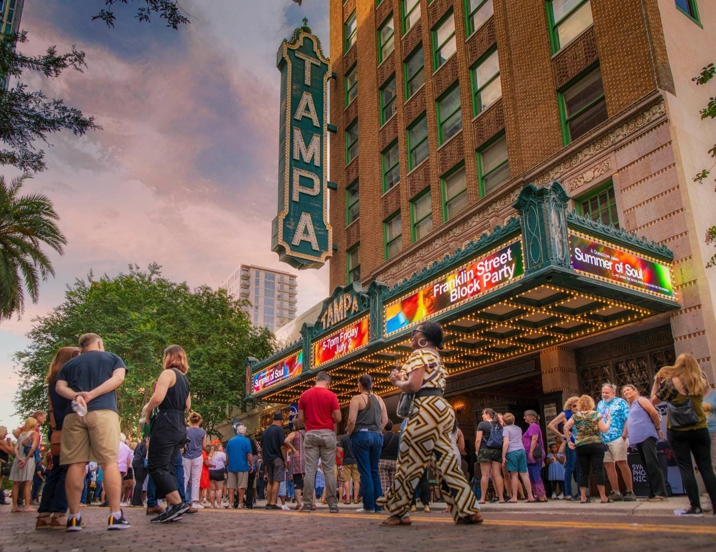 A picture of the exterior of the Tampa Theatre during their Block Party for Earth Day