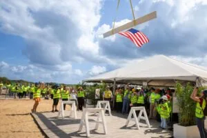 The American Flag is lifted with the final beam for the new Johns Hopkins All Children's Hospital Wesley Chapel