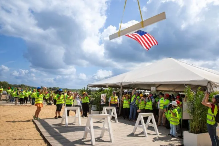 The American Flag is lifted with the final beam for the new Johns Hopkins All Children's Hospital Wesley Chapel