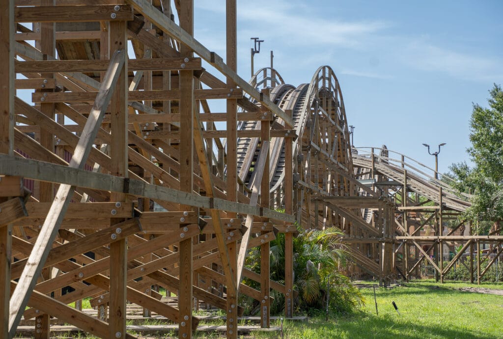 A side view of Coastersaurus to give you an idea of how many pieces it took to rebuild this fully wooden coaster. Photo by Laura Byrne.