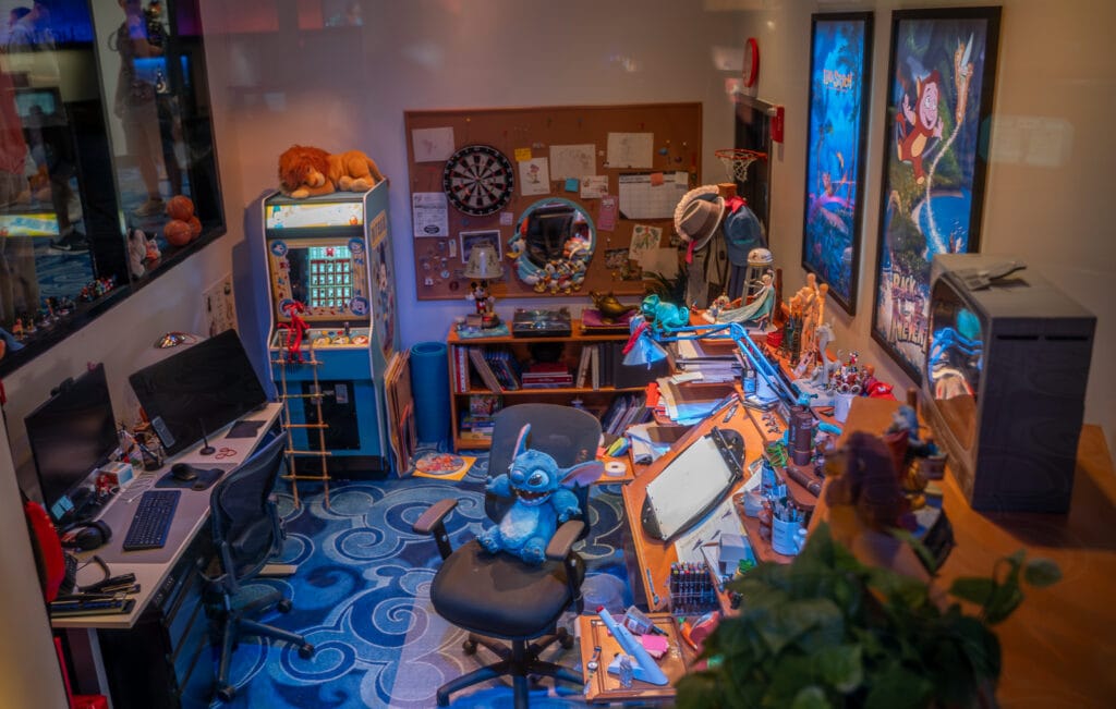 There are so many Disney Animation Easter eggs to find in this cute display as Stitch takes over the animator's desk. Photo by Laura Byrne.
