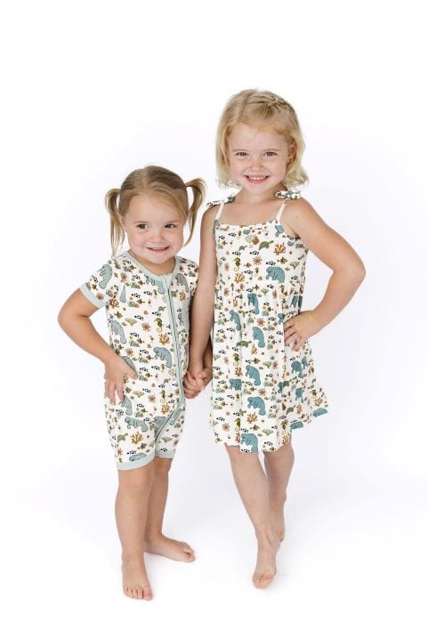 2 young girls modeling adorable outfits by Emerson and Friends