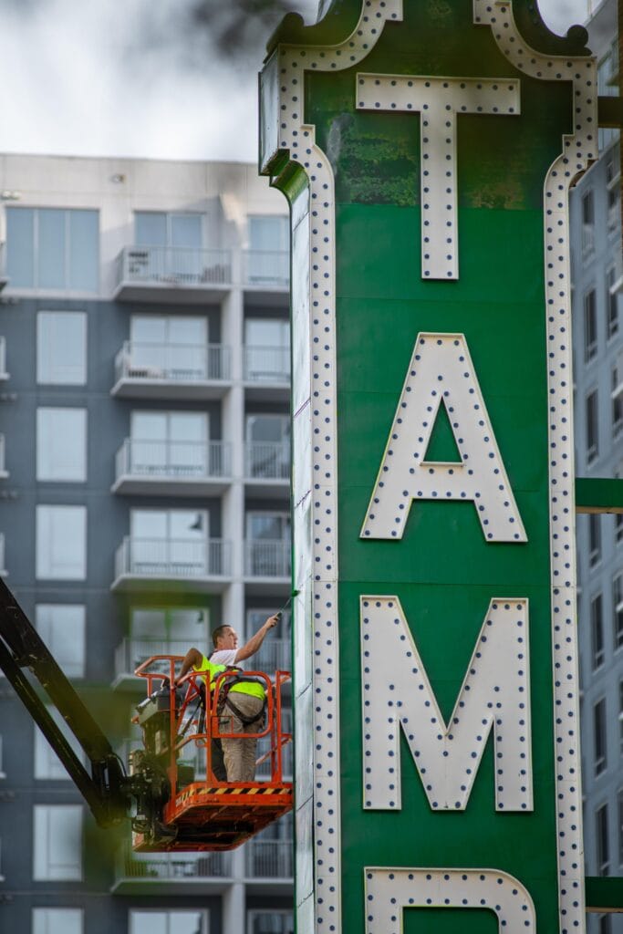 Even the iconic Tampa Theatre sign was repainted as part of the restoration work. Photo provided by Tampa Theatre.
